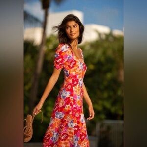 L Space Alissa Super Bloom Floral Midi Dress in MEDIUM, NWT, Pink/Orange/Red